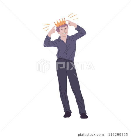 Confident man points to the crown on his head, vector concept of positive self esteem, success, narcissistic leadership Confident man points to the crown on his head, vector concept of positive self esteem, success, narcissistic leadership 112299535