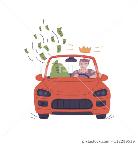 Successful man with crown above head drives red cabriolet car, huge bag of money flying cash, vector finance achievement 112299539