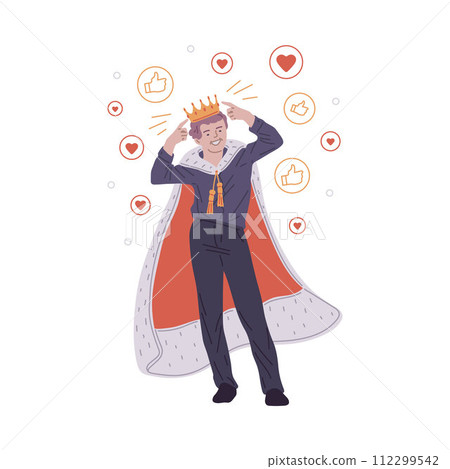 Confident success man in red cape with fur points to the crown on his head, vector positive self esteem proud of himself 112299542