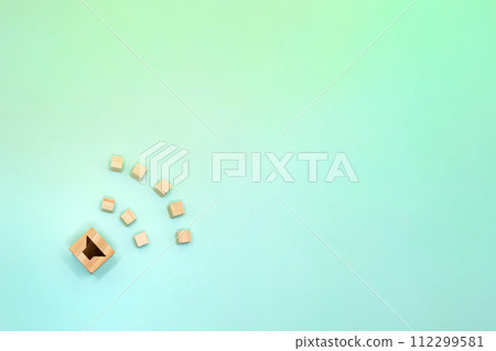 Gradient green background with sound waves coming from blocks marked with speakers from the left side Gradient green background with sound waves coming from blocks marked with speakers from the left side 112299581
