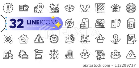 Outline set of Inspect, Intersection arrows and Building energy line icons for web with Skyscraper buildings, Lightning bolt, Power info thin icon. Engineering team, Innovation. Vector Outline set of Inspect, Intersection arrows and Building energy line icons for web with Skyscraper buildings, Lightning bolt, Power info thin icon. Engineering team, Innovation. Vector 112299737