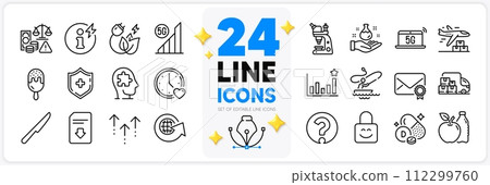 Icons set of Power info, Fraud and Question mark line icons pack for app with Microscope, Download file, Delivery truck thin outline icon. Medical shield, Mental conundrum, Dating pictogram. Vector 112299760