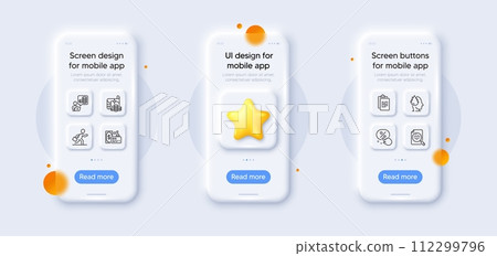 Clipboard, Discount button and Budget accounting line icons pack. 3d phone mockups with star. Glass smartphone screen. Analytics chart, Stress, Businessman run web icon. Vector Clipboard, Discount button and Budget accounting line icons pack. 3d phone mockups with star. Glass smartphone screen. Analytics chart, Stress, Businessman run web icon. Vector 112299796