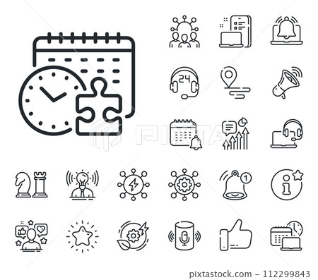 Jigsaw piece with clock sign. Place location, technology and smart speaker outline icons. Puzzle time line icon. Business challenge symbol. Puzzle time line sign. Vector 112299843