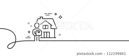Delivery man line icon. Continuous one line with curl. Courier with package sign. Things deliver symbol. Delivery man single outline ribbon. Loop curve pattern. Vector 112299861