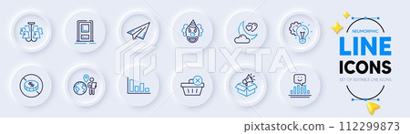 Histogram, Paper plane and Delete purchase line icons for web app. Pack of Megaphone box, Smile, No cash pictogram icons. Idea gear, Clown, Entrance signs. Outsource work, Chandelier. Vector Histogram, Paper plane and Delete purchase line icons for web app. Pack of Megaphone box, Smile, No cash pictogram icons. Idea gear, Clown, Entrance signs. Outsource work, Chandelier. Vector 112299873