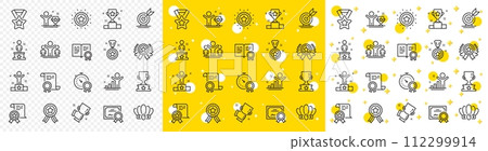 Winner cup, goal target, certificate. Success line icons. Reward, medal with ribbon, crown icons. Award, winner podium, first place success. Statue, diploma with certificate, challenge. Vector 112299914