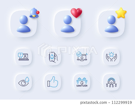 Bell alert, Faq and Hand sanitizer line icons. Placeholder with 3d bell, star, heart. Pack of Inclusion, Like, Eye drops icon. Online access, Ranking pictogram. For web app, printing. Vector 112299919