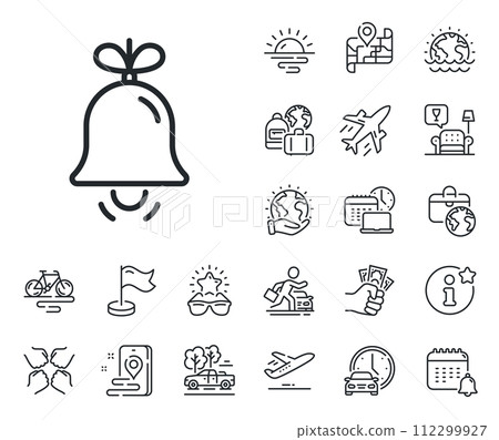 New year tree decoration sign. Plane jet, travel map and baggage claim outline icons. Christmas bell line icon. Bell line sign. Car rental, taxi transport icon. Place location. Airport lounge. Vector 112299927