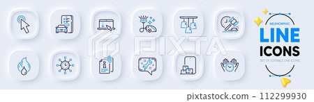 Online storage, Attached info and Auction hammer line icons for web app. Pack of Scroll down, Cursor, Vacuum cleaner pictogram icons. Spanner, World time, Car registration signs. Vector 112299930