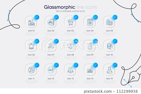 Set of Chemistry lab, No smoking and Online storage line icons for web app. Uv protection, Cash back, Bike app icons. Shopping rating, Prohibit food, Launder money signs. Glassmorphism buttons. Vector 112299938