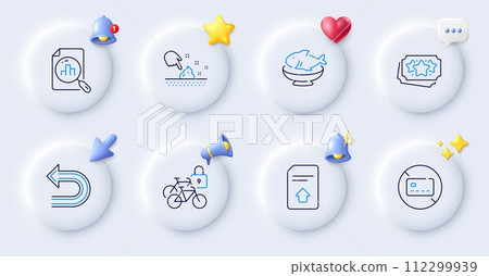 Skin moisture, No card and Bicycle lockers line icons. Buttons with 3d bell, chat speech, cursor. Pack of Seafood, Analytics graph, Loyalty points icon. Upload file, Undo pictogram. Vector 112299939