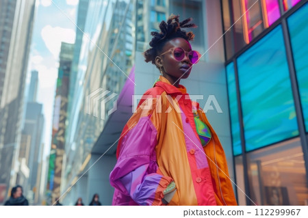 A woman in a colorful outfit stands confidently in front of a majestic building, exuding a sense of style and individuality. 112299967