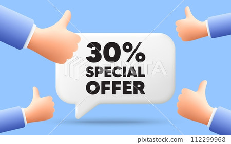 30 percent discount offer tag. 3d speech bubble banner with like hands. Sale price promo sign. Special offer symbol. Discount chat speech message. 3d offer talk box. Vector 112299968