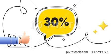 30 percent off sale tag. Continuous line art banner. Discount offer price sign. Special offer symbol. Discount speech bubble background. Wrapped 3d like icon. Vector 112299973