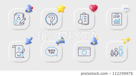 Question mark, Recovery internet and Business hierarchy line icons. Buttons with 3d bell, chat speech, cursor. Pack of Report document, Inspect, Quickstart guide icon. Vector Question mark, Recovery internet and Business hierarchy line icons. Buttons with 3d bell, chat speech, cursor. Pack of Report document, Inspect, Quickstart guide icon. Vector 112299978