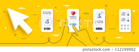 Confirmed flight, Map and Charging station line icons pack. Phone screen mockup with 3d alert bell, health and headshot. Elevator, Cancel flight, Delivery web icon. Vector 112299992