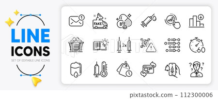 Coal trolley, Decreasing graph and Qr code line icons set for app include New message, Timer, Cobalamin vitamin outline thin icon. Fake news, Coronavirus vaccine. Yellow 3d stars with cursor. Vector 112300006