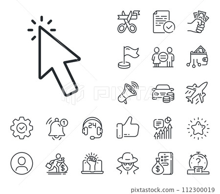 Click action sign. Salaryman, gender equality and alert bell outline icons. Mouse cursor line icon. Arrow pointer symbol. Cursor line sign. Spy or profile placeholder icon. Vector 112300019