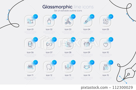 Set of Online question, Couple and Heart line icons for web app. Cyclist, Eyeglasses, Dating chat icons. Handshake, Cough, Safe time signs. Escalator, Fair trade, Security app. Like. Vector Set of Online question, Couple and Heart line icons for web app. Cyclist, Eyeglasses, Dating chat icons. Handshake, Cough, Safe time signs. Escalator, Fair trade, Security app. Like. Vector 112300029