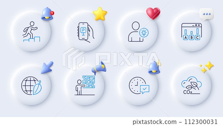 Survey results, Select alarm and User idea line icons. Buttons with 3d bell, chat speech, cursor. Pack of Business skill, Environment day, Leader run icon. Co2 gas, Parking app pictogram. Vector Survey results, Select alarm and User idea line icons. Buttons with 3d bell, chat speech, cursor. Pack of Business skill, Environment day, Leader run icon. Co2 gas, Parking app pictogram. Vector 112300031