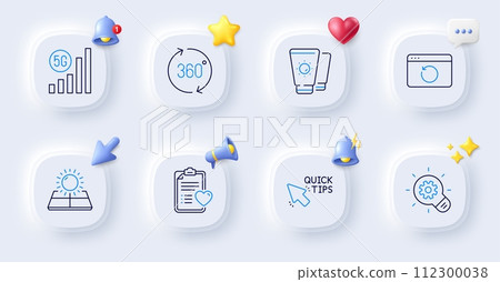 Patient history, 5g wifi and Sunscreen line icons. Buttons with 3d bell, chat speech, cursor. Pack of 360 degrees, Quick tips, Sun energy icon. Cogwheel, Recovery internet pictogram. Vector 112300038