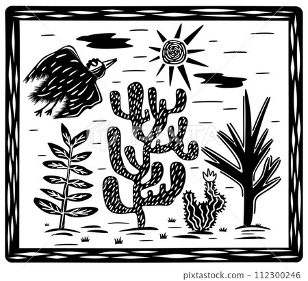 Brazilian cordel style. Desert landscape and bird flying towards the sun. Cacti, succulents, sun and clouds on frame. Woodcut style. 112300246