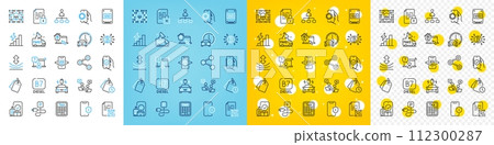 Vector icons set of Share, Online question and Management line icons pack for web with Ssd, Bitcoin system, Car charging outline icon. Binary code, Book car, Qr code pictogram. Vector 112300287