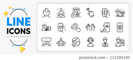 Voicemail, Interview job and Yoga line icons set for app include Businessman, Electric app, Biometric security outline thin icon. Cursor, Meeting, Consultant pictogram icon. Insomnia. Vector 112300290