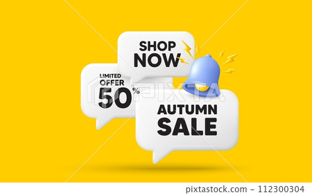 Autumn Sale tag. 3d offer chat speech bubbles. Special offer price sign. Advertising Discounts symbol. Autumn sale speech bubble 3d message. Talk box banner with bell. Vector 112300304
