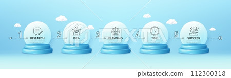 Timeline infograph chart with 5 steps. 3d podium product stage. Process diagram with Research, Planning, Time and Success icons. Timeline infographic template. Products podium background. Vector Timeline infograph chart with 5 steps. 3d podium product stage. Process diagram with Research, Planning, Time and Success icons. Timeline infographic template. Products podium background. Vector 112300318