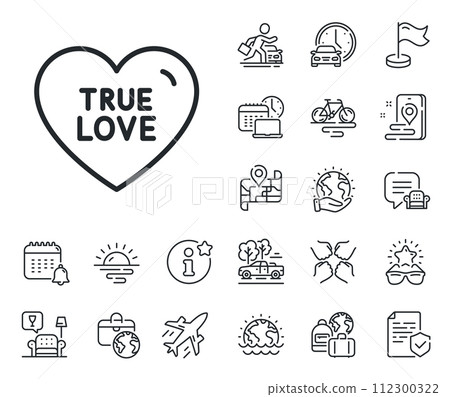 Sweet heart sign. Plane jet, travel map and baggage claim outline icons. True love line icon. Valentine day symbol. True love line sign. Car rental, taxi transport icon. Place location. Vector 112300322