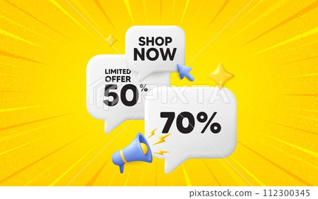 70 percent off sale tag. 3d offer chat speech bubbles. Discount offer price sign. Special offer symbol. Discount speech bubble 3d message. Talk box megaphone banner. Vector 112300345