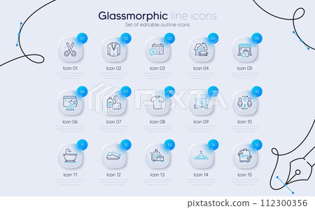Set of Buying process, T-shirt and Cloakroom line icons for web app. Market, Wallet, Discounts ribbon icons. Bath, Cut, Add handbag signs. Suit, Baggage cart, Shoes. Discounts calendar. Vector 112300356
