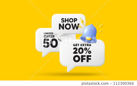 Get Extra 20 percent off Sale. 3d offer chat speech bubbles. Discount offer price sign. Special offer symbol. Save 20 percentages. Extra discount speech bubble 3d message. Vector 112300368