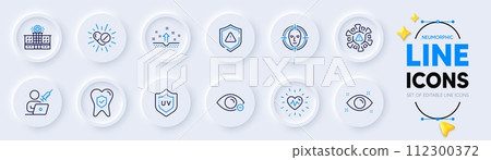 Clean skin, Heartbeat and Medical drugs line icons for web app. Pack of Health eye, Myopia, Dental insurance pictogram icons. Uv protection, Coronavirus, Shield signs. Face detect. Vector 112300372