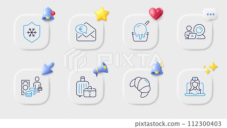 Telemedicine, Video conference and Croissant line icons. Buttons with 3d bell, chat speech, cursor. Pack of Ice cream, Euro money, Baggage icon. Money profit, Clean skin pictogram. Vector Telemedicine, Video conference and Croissant line icons. Buttons with 3d bell, chat speech, cursor. Pack of Ice cream, Euro money, Baggage icon. Money profit, Clean skin pictogram. Vector 112300403