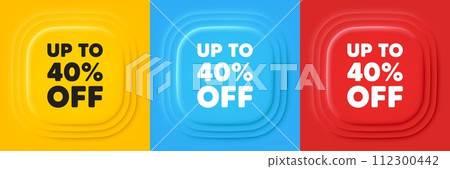 Up to 40 percent off sale. Neumorphic offer banners. Discount offer price sign. Special offer symbol. Save 40 percentages. Discount tag podium background. Product infographics. Vector Up to 40 percent off sale. Neumorphic offer banners. Discount offer price sign. Special offer symbol. Save 40 percentages. Discount tag podium background. Product infographics. Vector 112300442