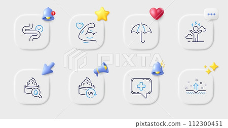Difficult stress, Umbrella and Moisturizing cream line icons. Buttons with 3d bell, chat speech, cursor. Pack of Medical chat, Clean skin, Digestion icon. Strong arm, Uv protection pictogram. Vector 112300451