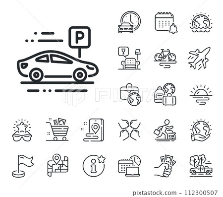 Park place sign. Plane jet, travel map and baggage claim outline icons. Car parking line icon. Hotel service symbol. Car parking line sign. Car rental, taxi transport icon. Place location. Vector 112300507