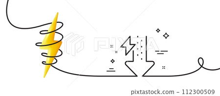 Energy line icon. Continuous one line with curl. Thunderbolt sign. Power consumption symbol. Energy drops single outline ribbon. Loop curve with energy. Vector 112300509
