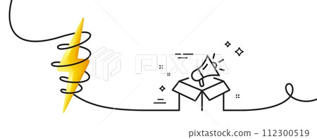 Megaphone box line icon. Continuous one line with curl. Advertisement device symbol. Brand ambassador sign. Megaphone box single outline ribbon. Loop curve with energy. Vector Megaphone box line icon. Continuous one line with curl. Advertisement device symbol. Brand ambassador sign. Megaphone box single outline ribbon. Loop curve with energy. Vector 112300519