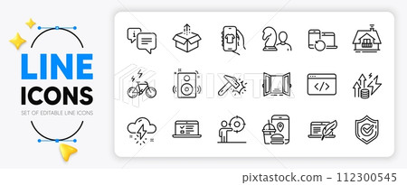 Open door, Confirmed and Speakers line icons set for app include Web lectures, Copyright laptop, Hammer blow outline thin icon. Shop app, Seo script, Business target pictogram icon. Vector Open door, Confirmed and Speakers line icons set for app include Web lectures, Copyright laptop, Hammer blow outline thin icon. Shop app, Seo script, Business target pictogram icon. Vector 112300545