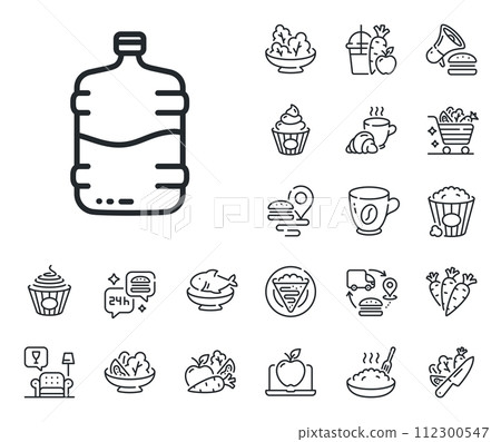 Still aqua drink sign. Crepe, sweet popcorn and salad outline icons. Water cooler bottle line icon. Liquid symbol. Cooler bottle line sign. Pasta spaghetti, fresh juice icon. Supply chain. Vector Still aqua drink sign. Crepe, sweet popcorn and salad outline icons. Water cooler bottle line icon. Liquid symbol. Cooler bottle line sign. Pasta spaghetti, fresh juice icon. Supply chain. Vector 112300547
