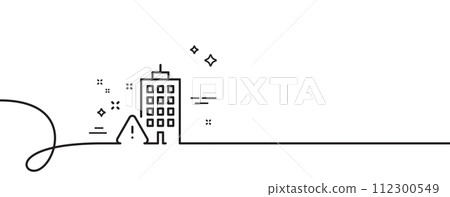 Building construction warning line icon. Continuous one line with curl. Attention triangle sign. Caution house symbol. Building warning single outline ribbon. Loop curve pattern. Vector 112300549