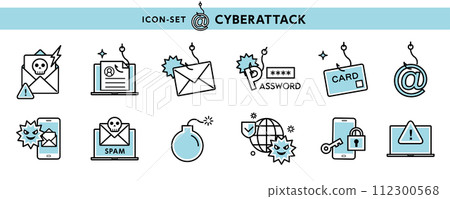 Cybercrime icon set such as phishing scam, fraudulent email, personal information leakage etc. Cybercrime icon set such as phishing scam, fraudulent email, personal information leakage etc. 112300568