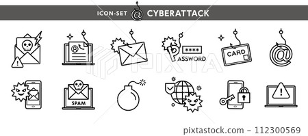 Cybercrime icon set such as phishing scam, fraudulent email, personal information leakage etc. Cybercrime icon set such as phishing scam, fraudulent email, personal information leakage etc. 112300569
