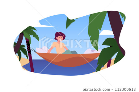 Illustration of a joyful girl relaxing among palm trees in a hammock. 112300618