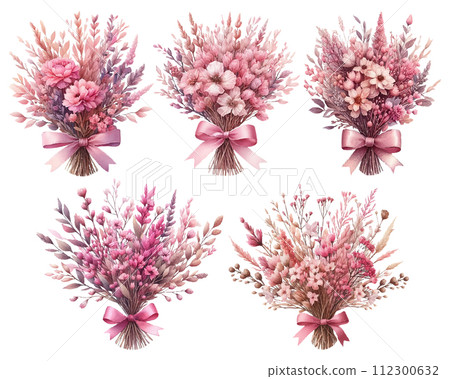 Watercolor illustration material set of pink dried flower bouquet 112300632