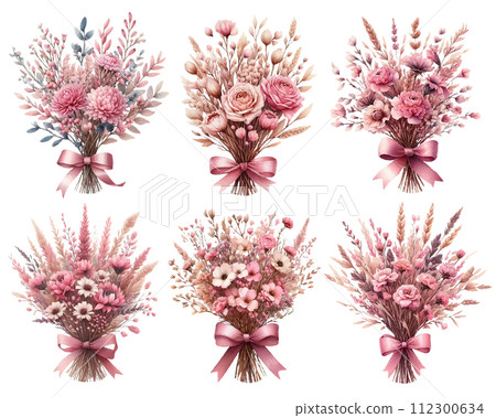 粉紅色乾燥花花束水彩插畫素材集 112300634